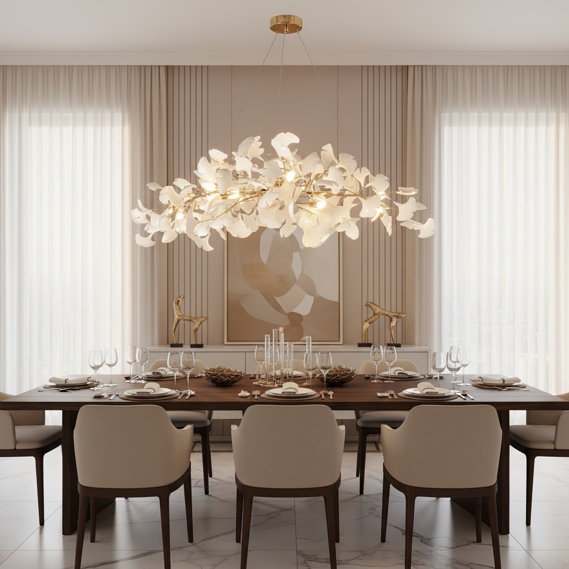 gingko-chandelier-n-anzaz-Nickel Lampbody + White Leaves-8