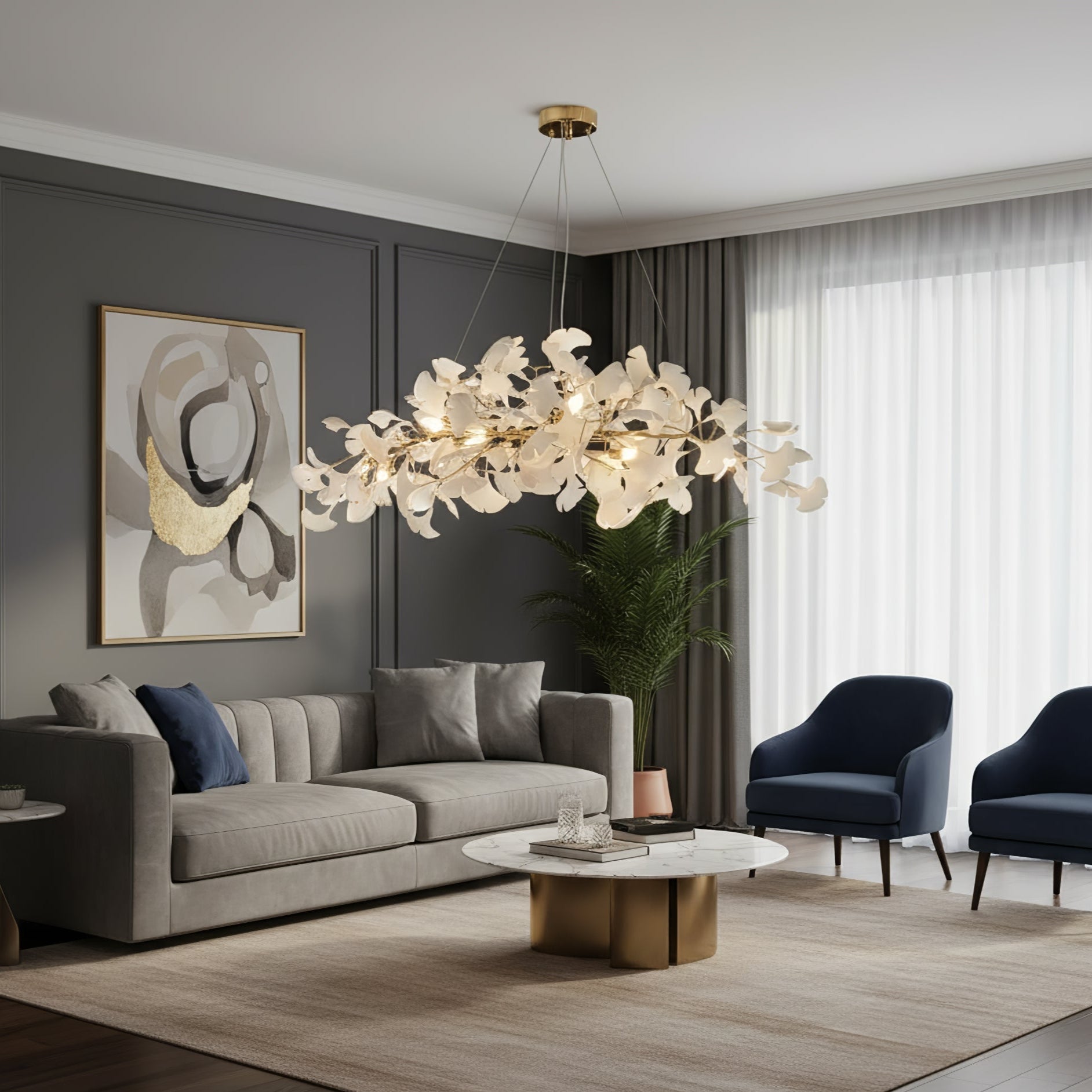 gingko-chandelier-n-anzaz-Nickel Lampbody + White Leaves-11