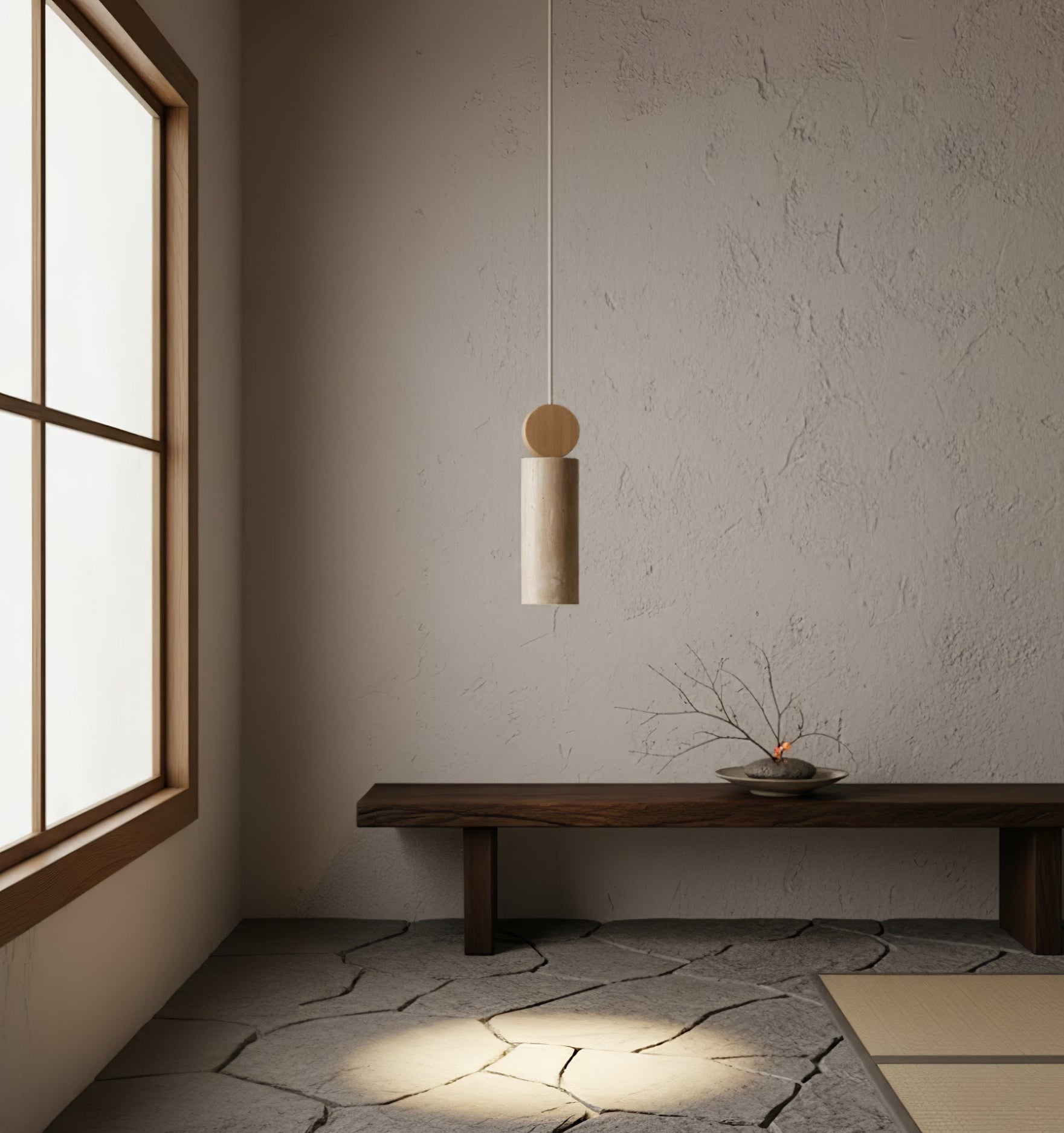 travertine-cylinder-disc-pendant-light-anzaz-Yellow Travertine & Wood color-2