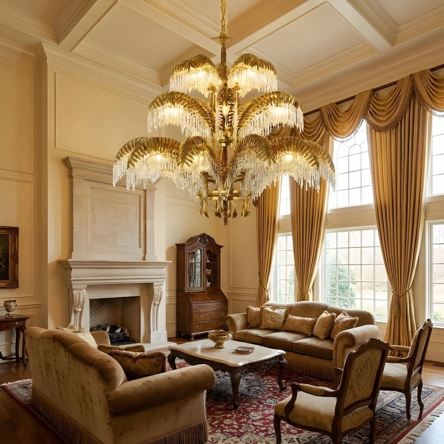 brass-palm-leaf-crystal-chandelier-anzaz-White & Clear crystal-5