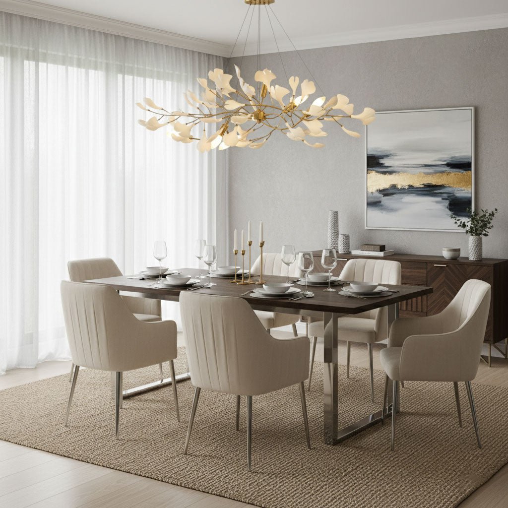 gingko-chandelier-i-anzaz-Gold Lampbody + White Leaves-4