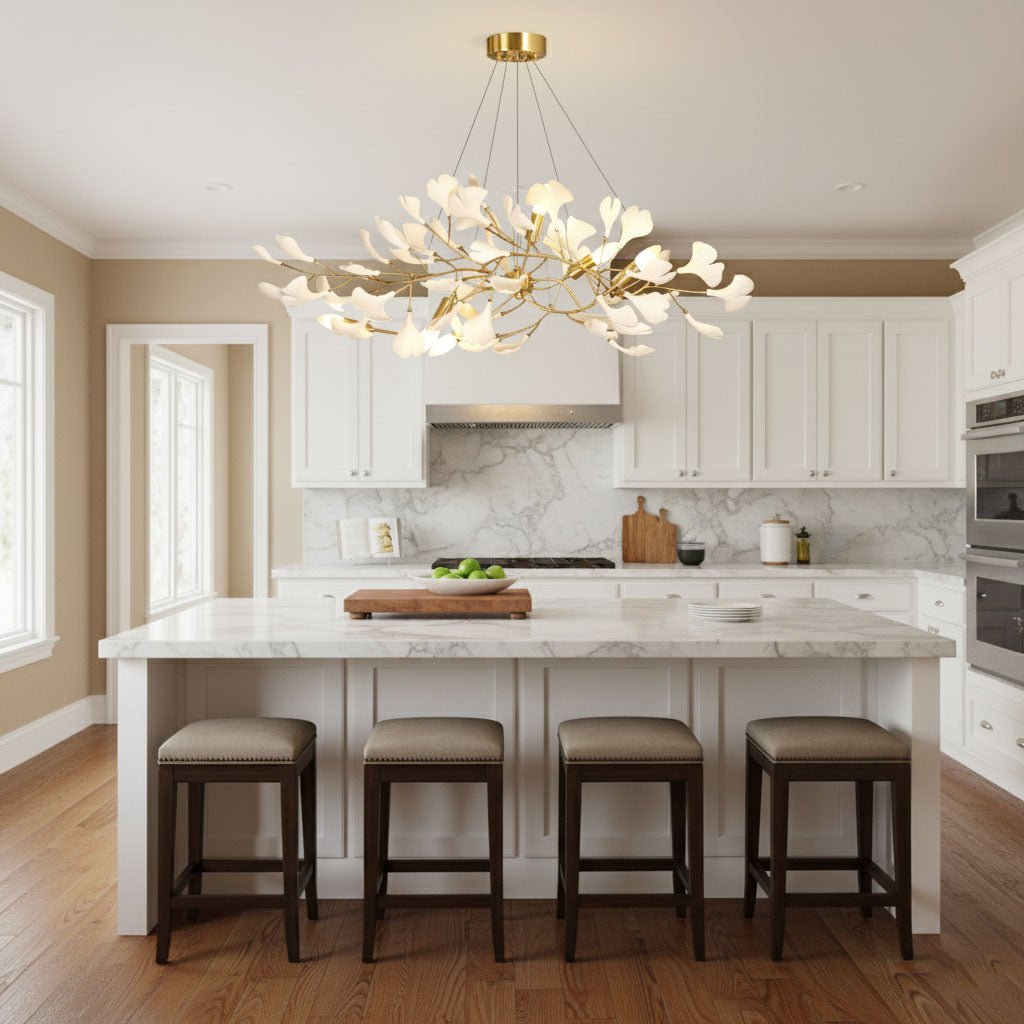 gingko-chandelier-i-anzaz-Nickel Lampbody + White Leaves-5