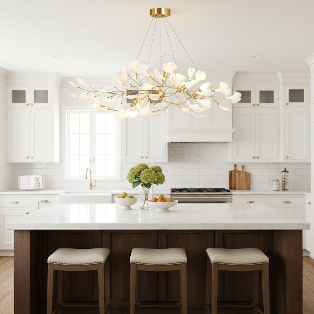 gingko-chandelier-i-anzaz-Nickel Lampbody + White Leaves-8