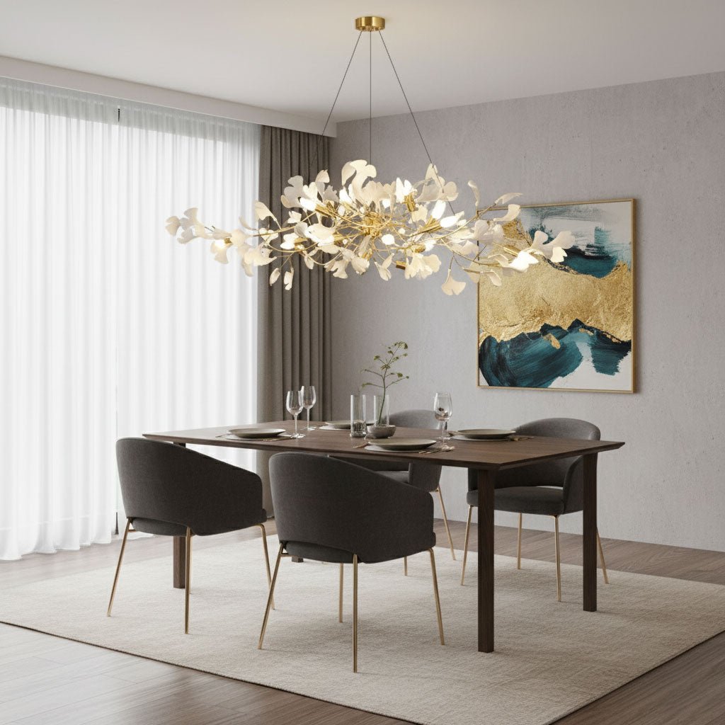 gingko-chandelier-i-anzaz-Gold Lampbody + White Leaves-10