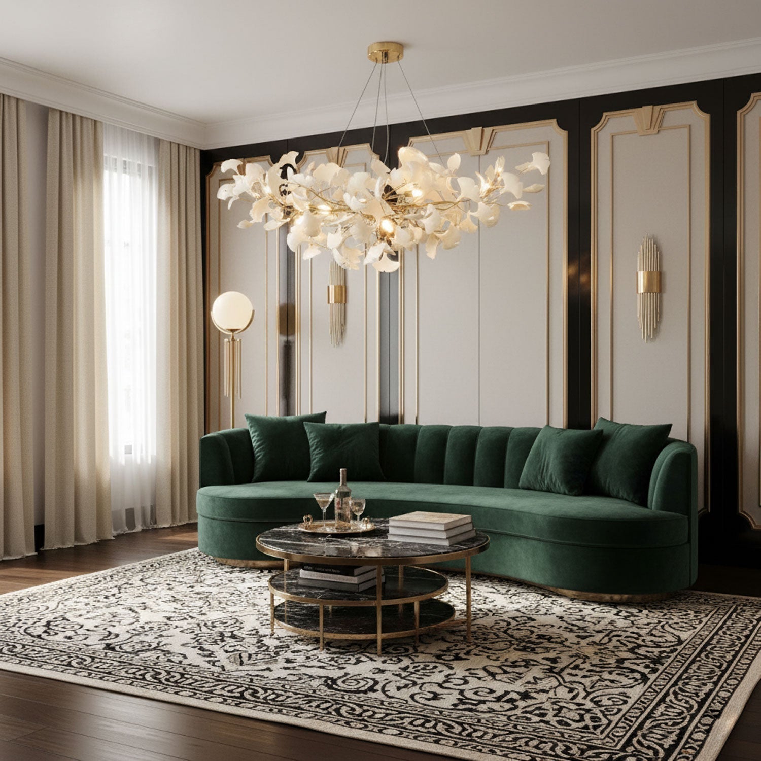 gingko-chandeliers-b-anzaz-Nickel Lampbody + White Leaves-6