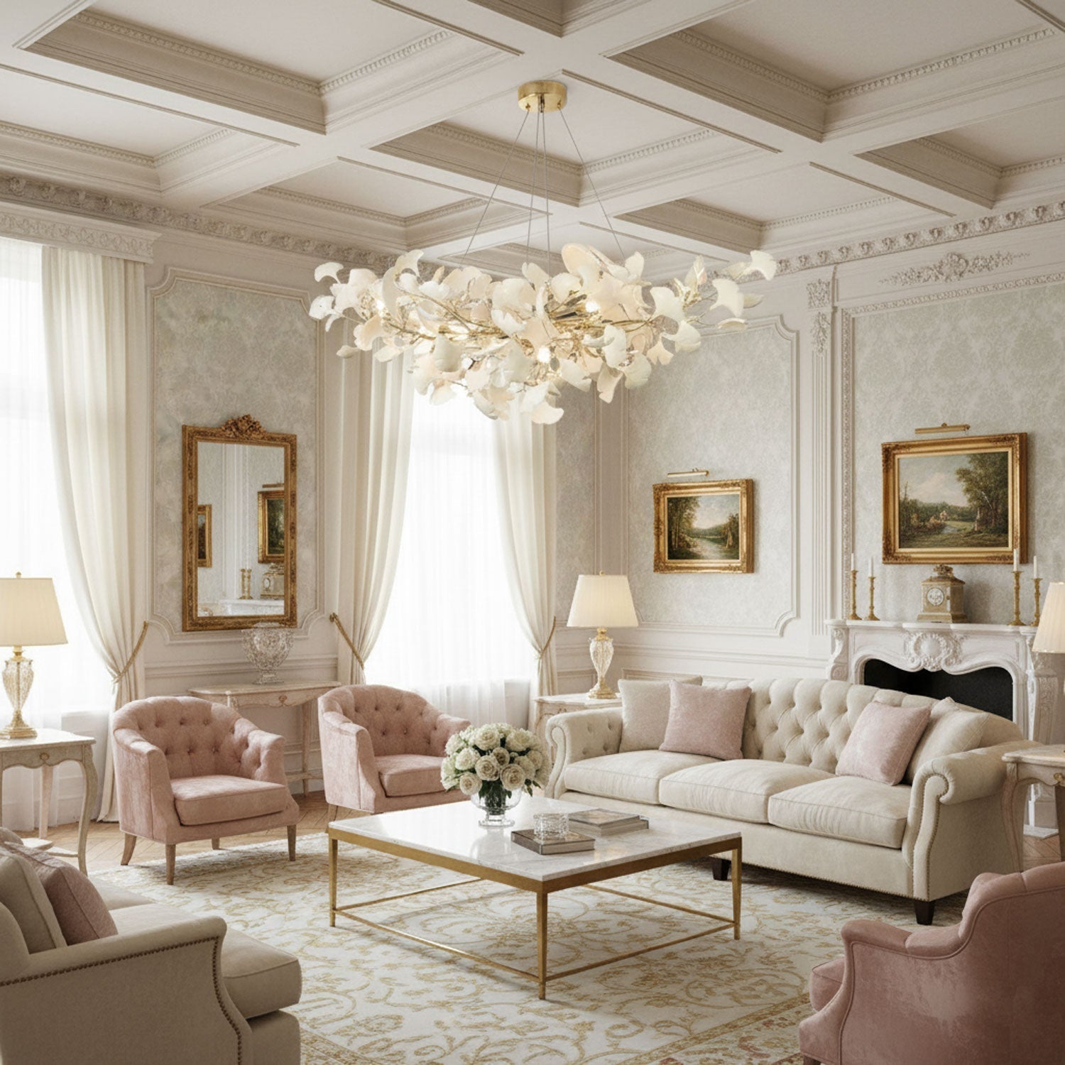 gingko-chandeliers-b-anzaz-Nickel Lampbody + White Leaves-2