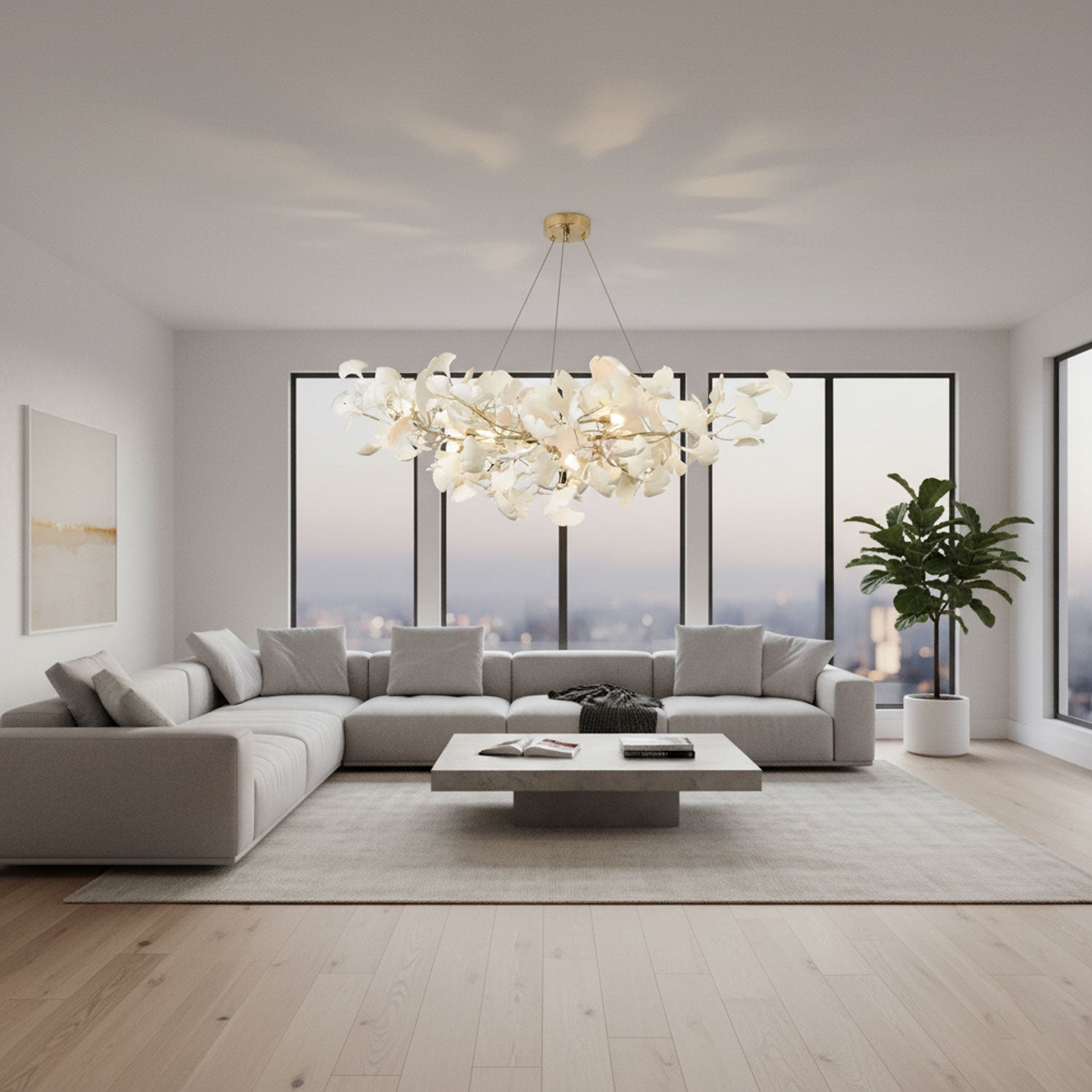 gingko-chandeliers-b-anzaz-Nickel Lampbody + White Leaves-10
