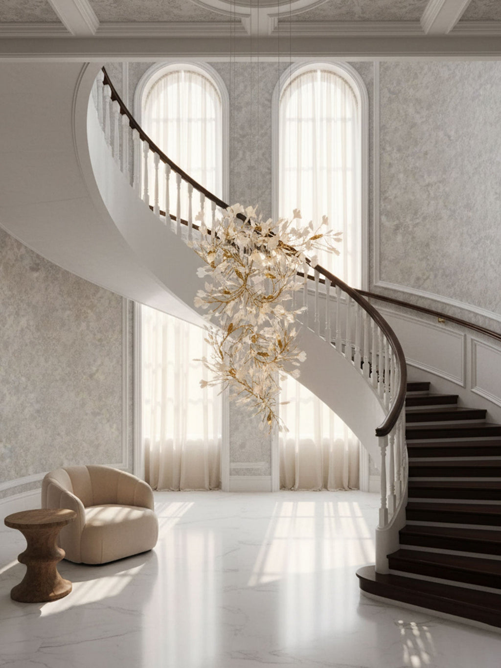 gingko-chandelier-f-anzaz-Gold Lampbody + White Leaves-10