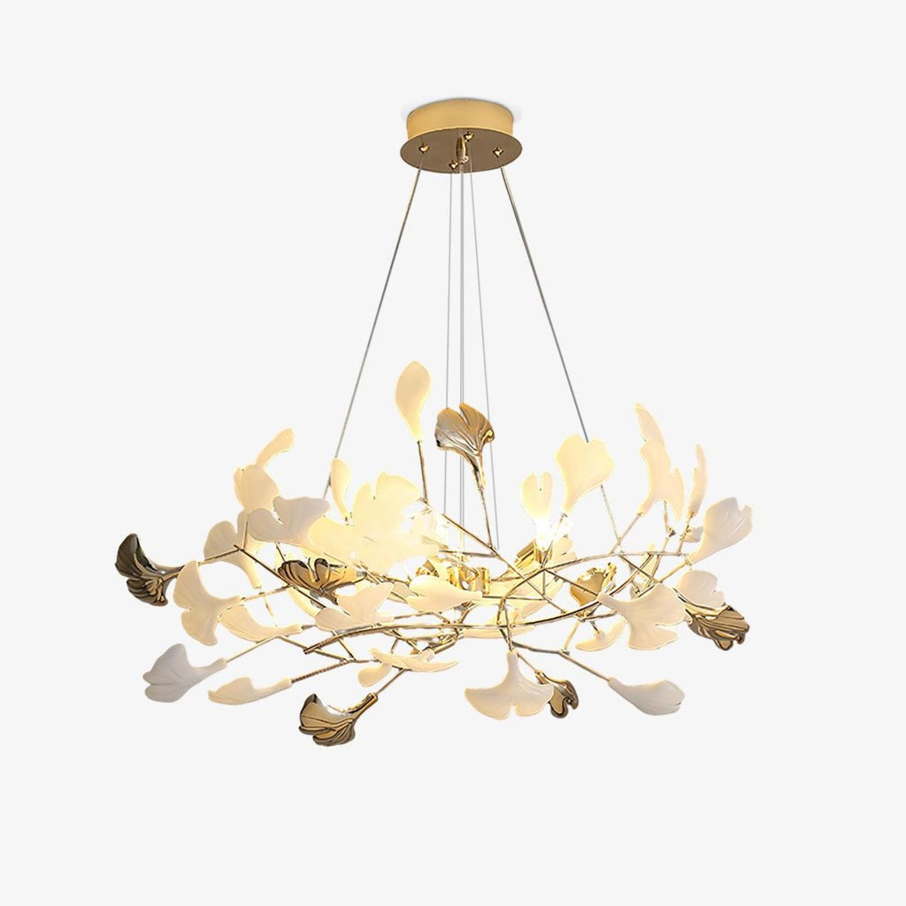 gingko-chandelier-r-anzaz-Gold Lampbody & White & Gold Leaves-1