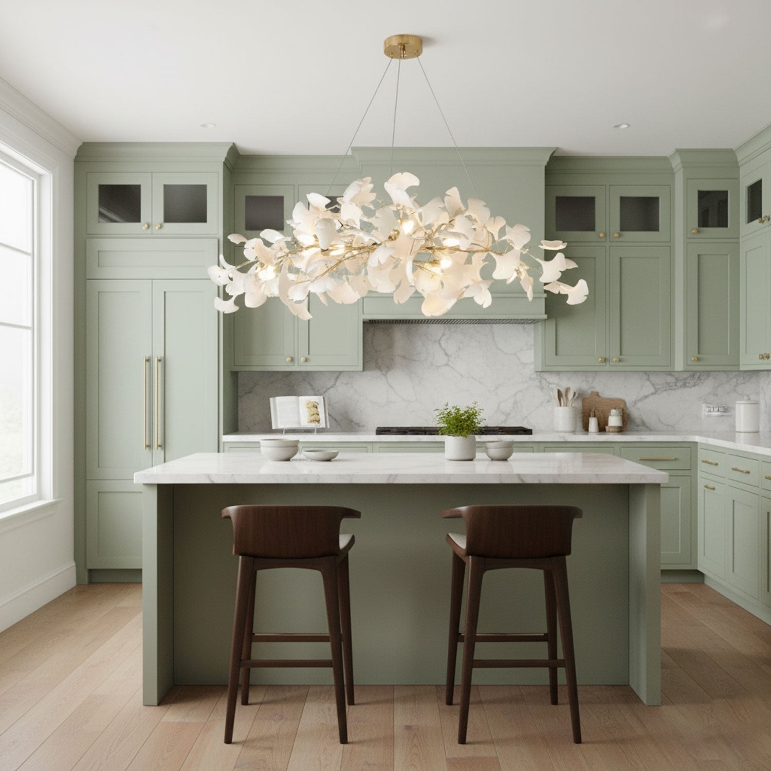 gingko-chandelier-n-anzaz-Gold Lampbody + White Leaves-4