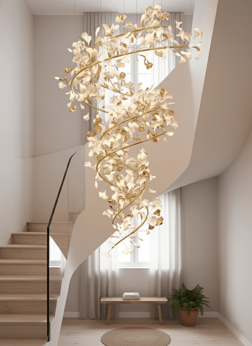 gingko-chandelier-q-anzaz-Gold Lampbody + White & Gold Leaves-7