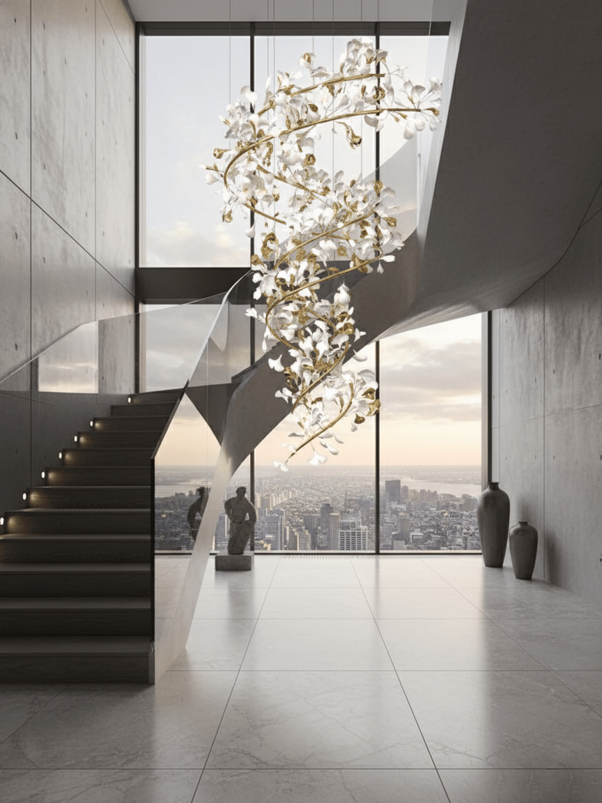 gingko-chandelier-q-anzaz-Nickel Lampbody + White & Gold Leaves-8