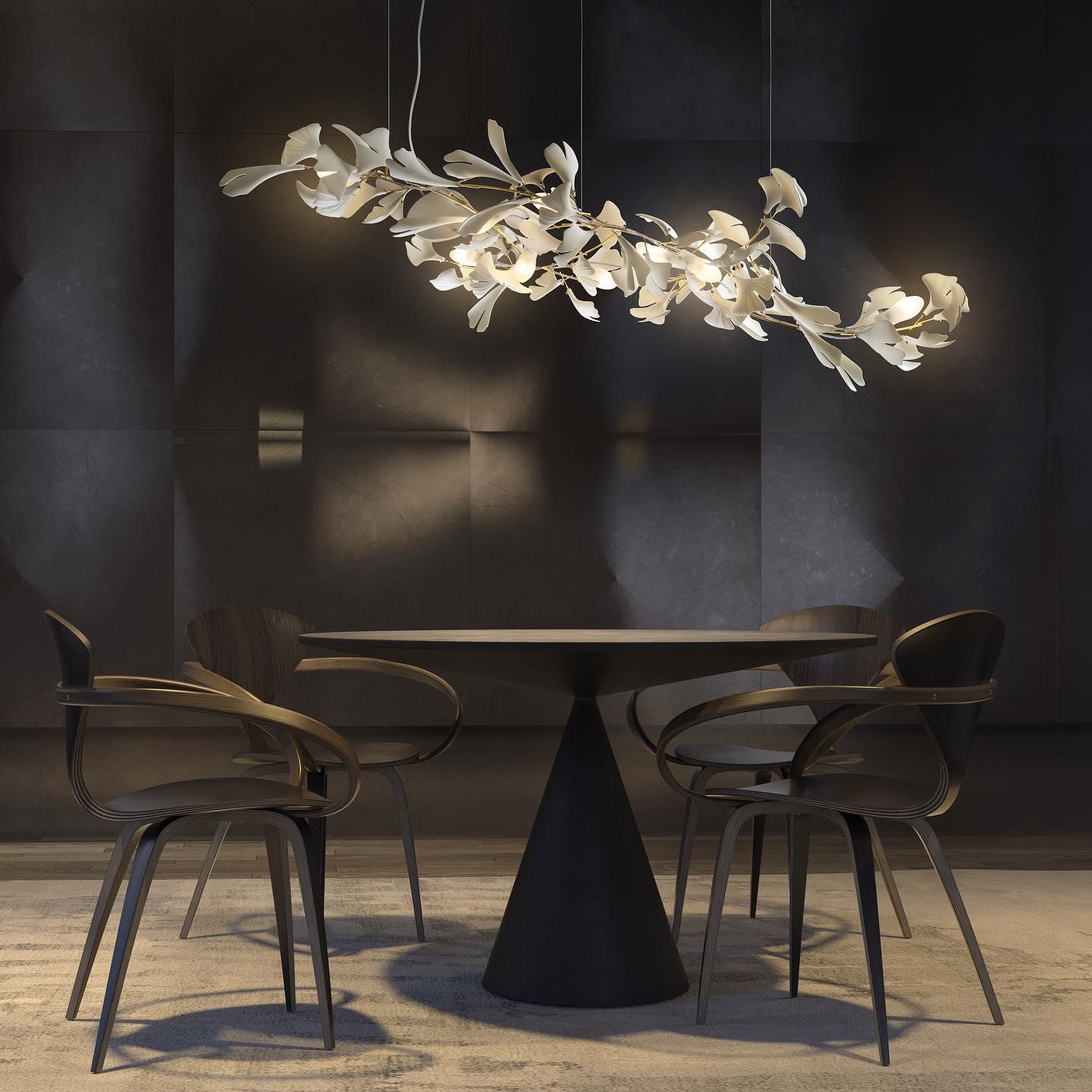 gingko-chandelier-a-anzaz-Nickel Lampbody + White Leaves-2