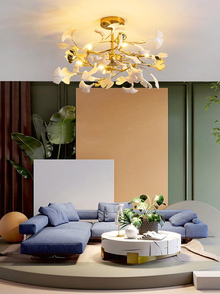 gingko-chandelier-l-anzaz-Gold Lampbody & White & Gold Leaves-4