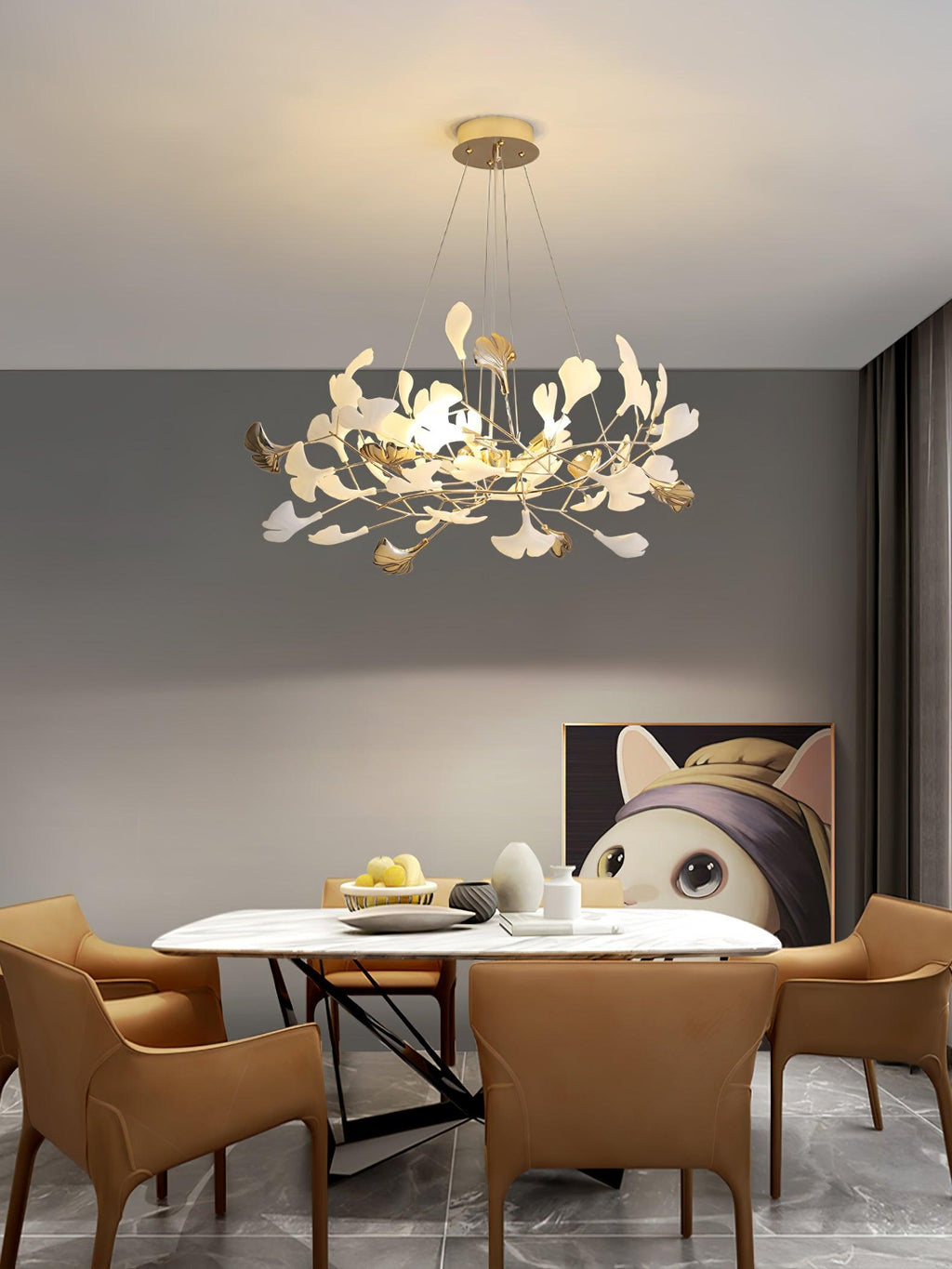 gingko-chandelier-r-anzaz-Gold Lampbody & White & Gold Leaves-10