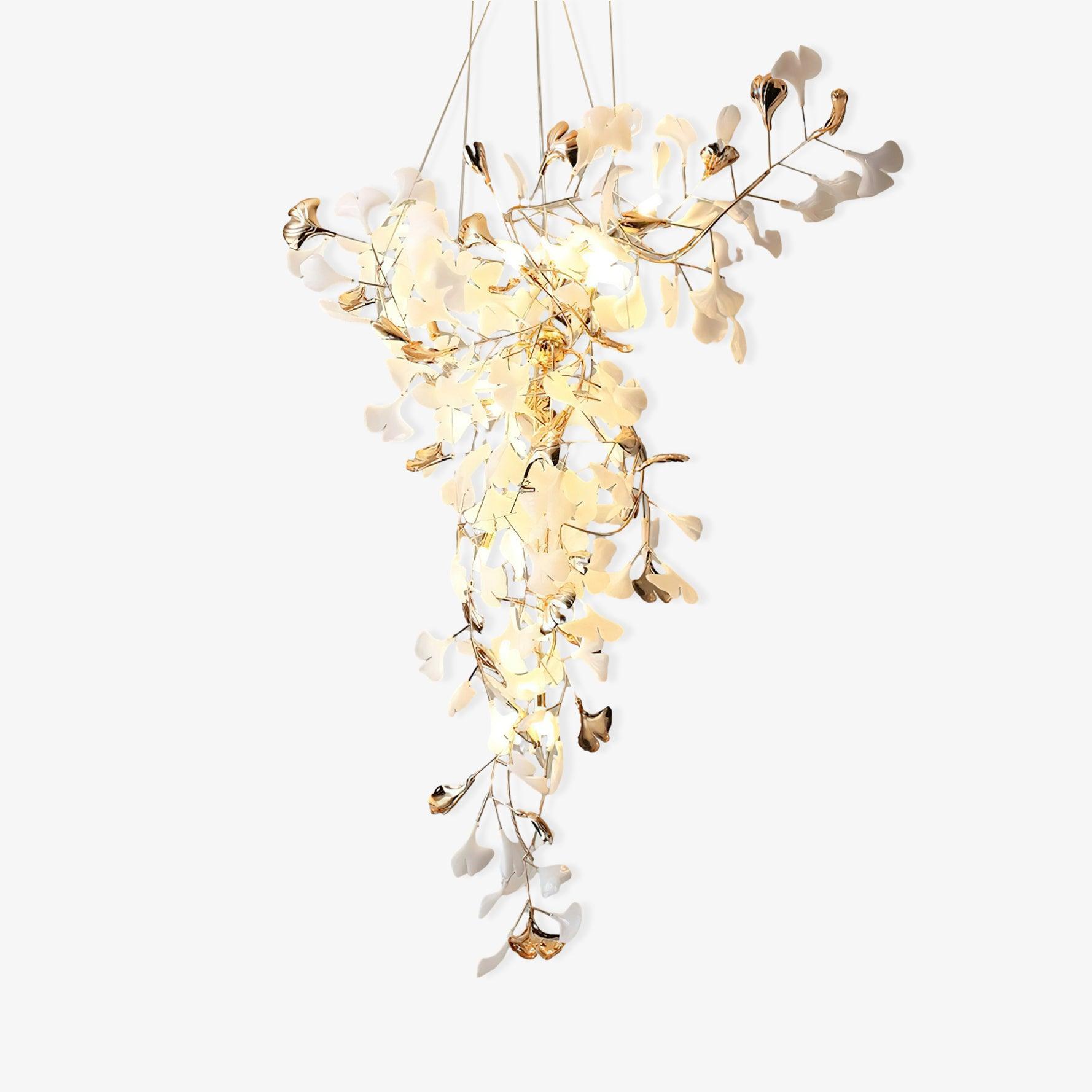 ginkgo-tip-tlying-chandelier-anzaz-Gold Lampbody + White & Gold Leaves-1