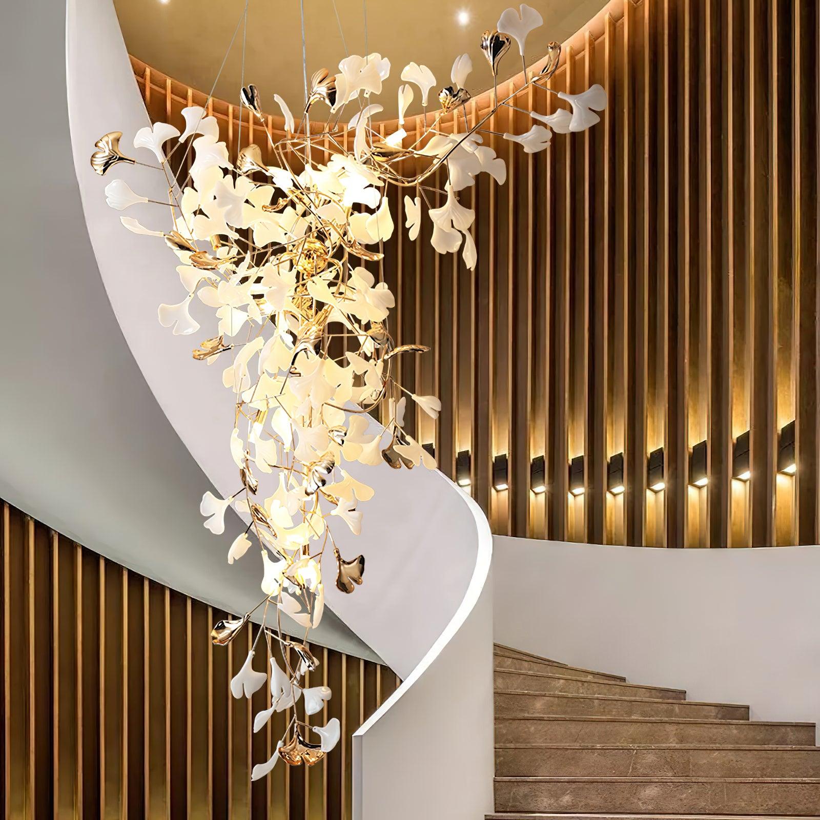 ginkgo-tip-tlying-chandelier-anzaz-Nickel Lampbody + White & Silver Leaves-2