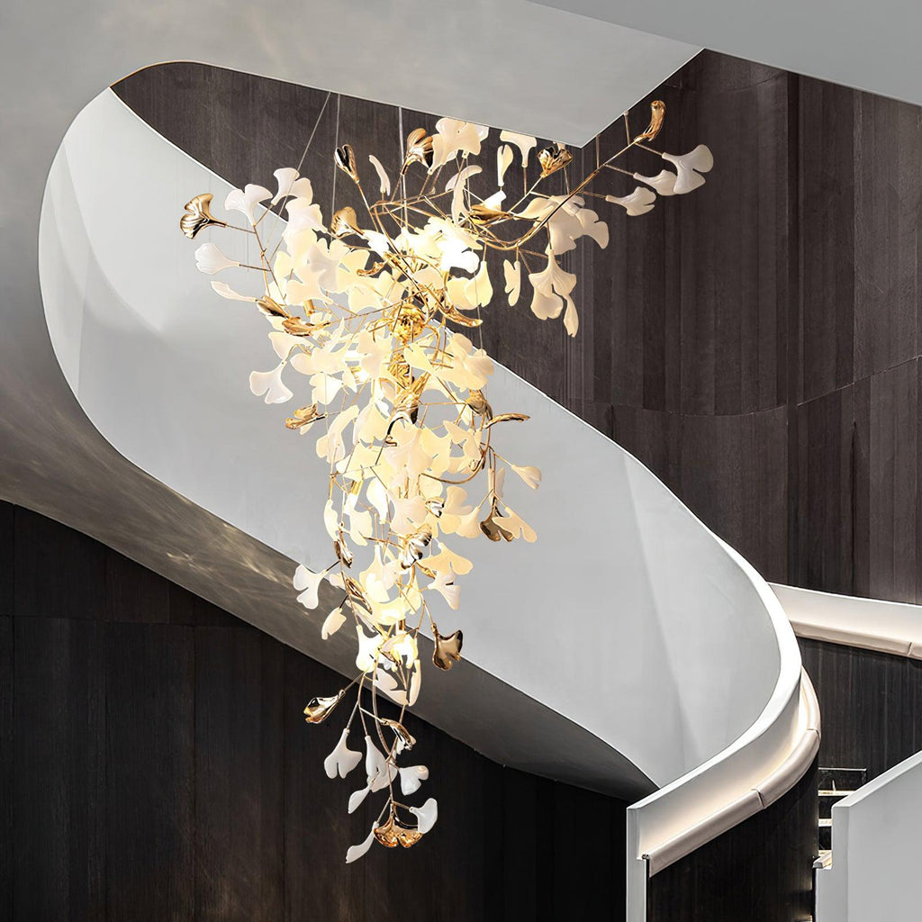 ginkgo-tip-tlying-chandelier-anzaz-Gold Lampbody + White & Gold Leaves-4
