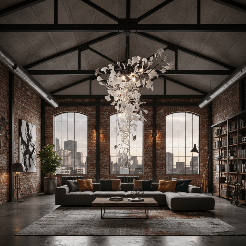 ginkgo-tip-tlying-chandelier-anzaz-Nickel Lampbody + White & Silver Leaves-8