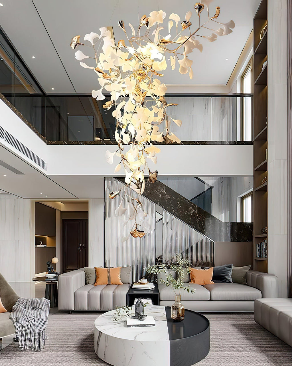 ginkgo-tip-tlying-chandelier-anzaz-Gold Lampbody + White & Gold Leaves-13