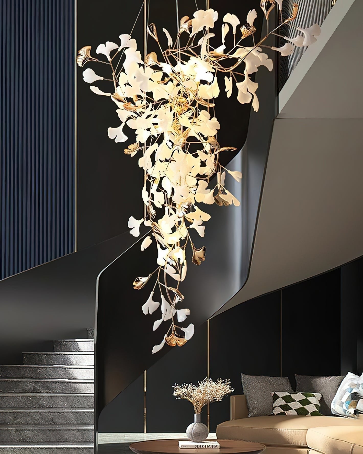 ginkgo-tip-tlying-chandelier-anzaz-Nickel Lampbody + White & Silver Leaves-14