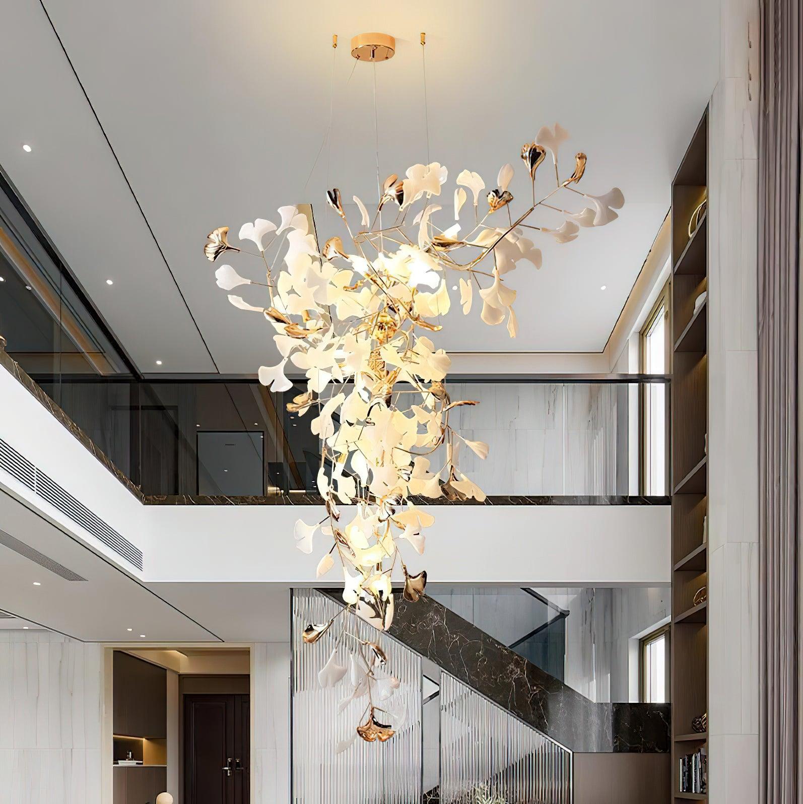 ginkgo-tip-tlying-chandelier-anzaz-Nickel Lampbody + White & Silver Leaves-5
