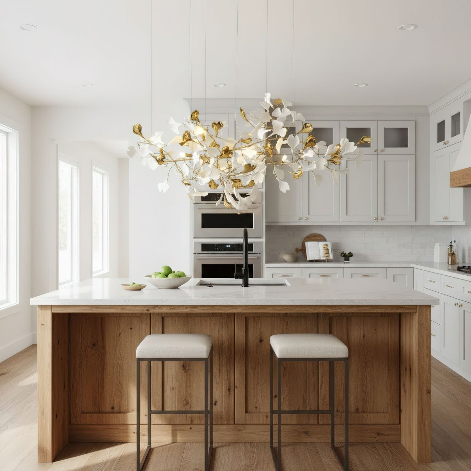 gold-white-leaves-combination-gingko-chandeliers-anzaz-Gold & White ceramic leaves (Gold lamp body)-7
