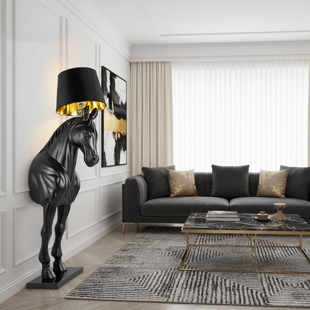 horse-statue-floor-lamp-anzaz-Black & Gold Lampshade-4