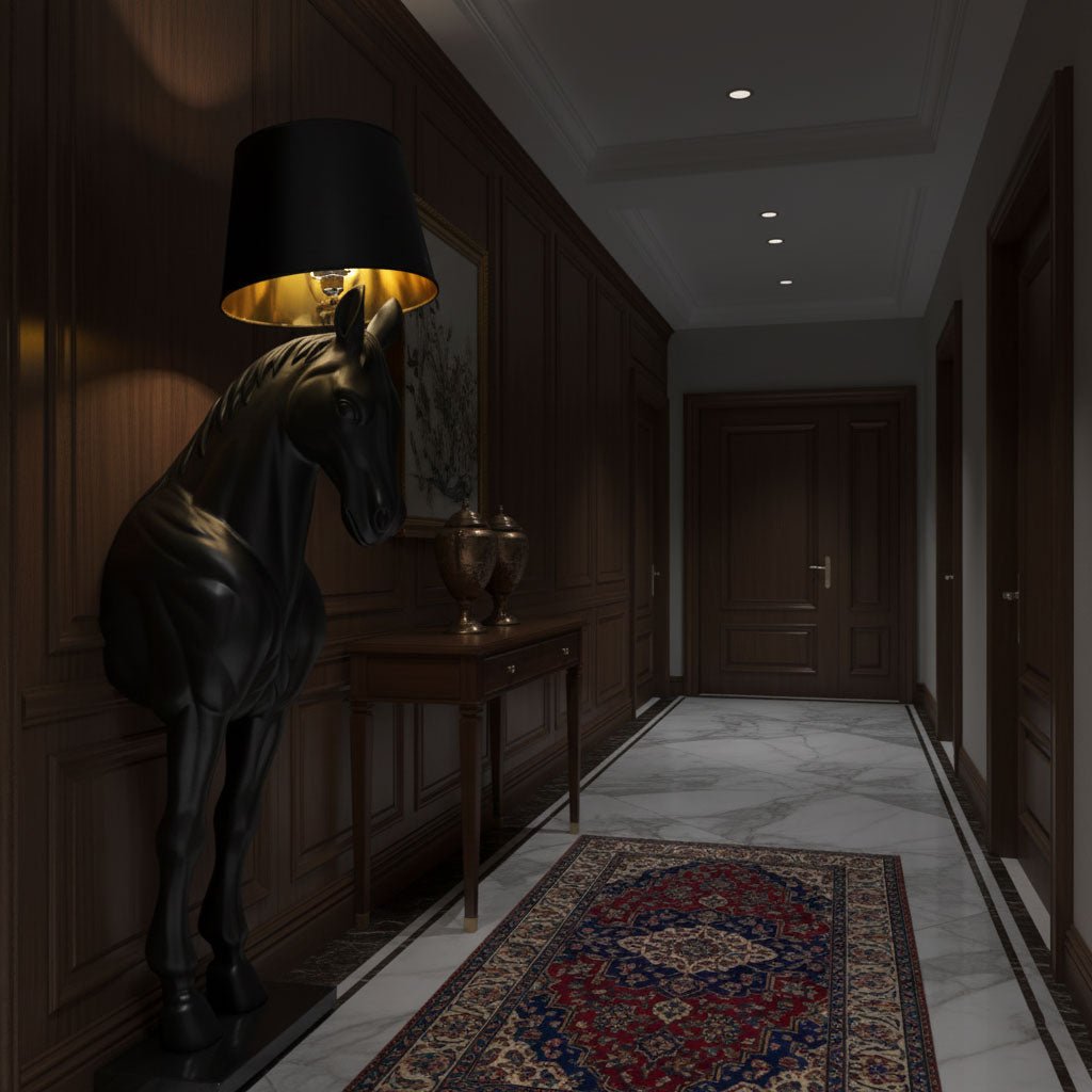 horse-statue-floor-lamp-anzaz-Black & White Lampshade-5