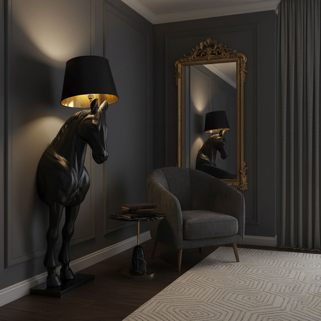 horse-statue-floor-lamp-anzaz-Black & Gold Lampshade-3