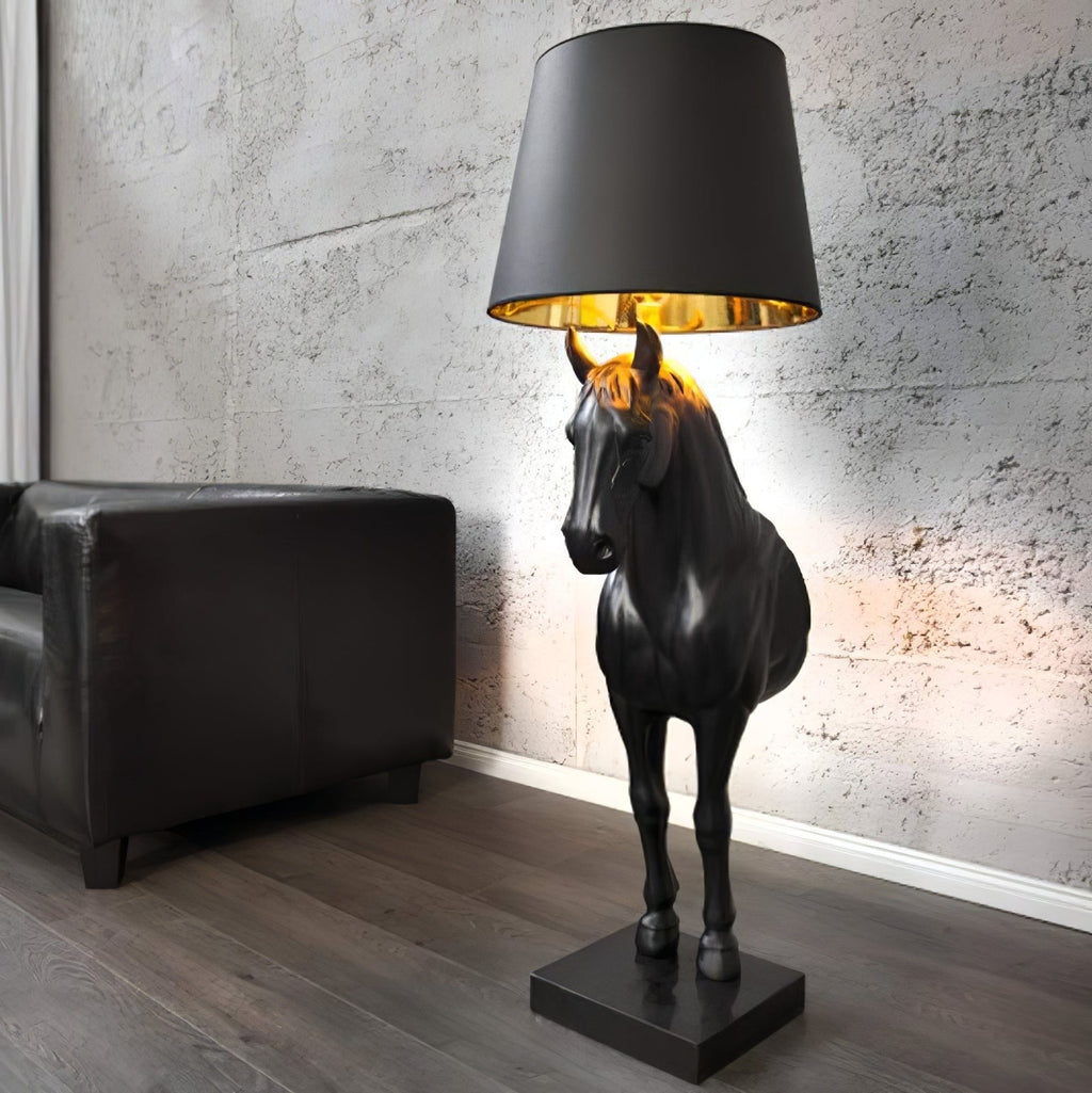 horse-statue-floor-lamp-anzaz-Black & Gold Lampshade-2