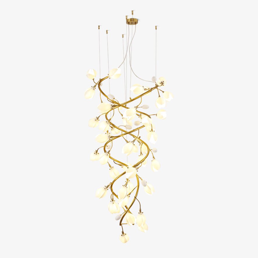 lysandra-cascade-stairs-chandelier-anzaz-Gold Lampbody & White Leaves-1