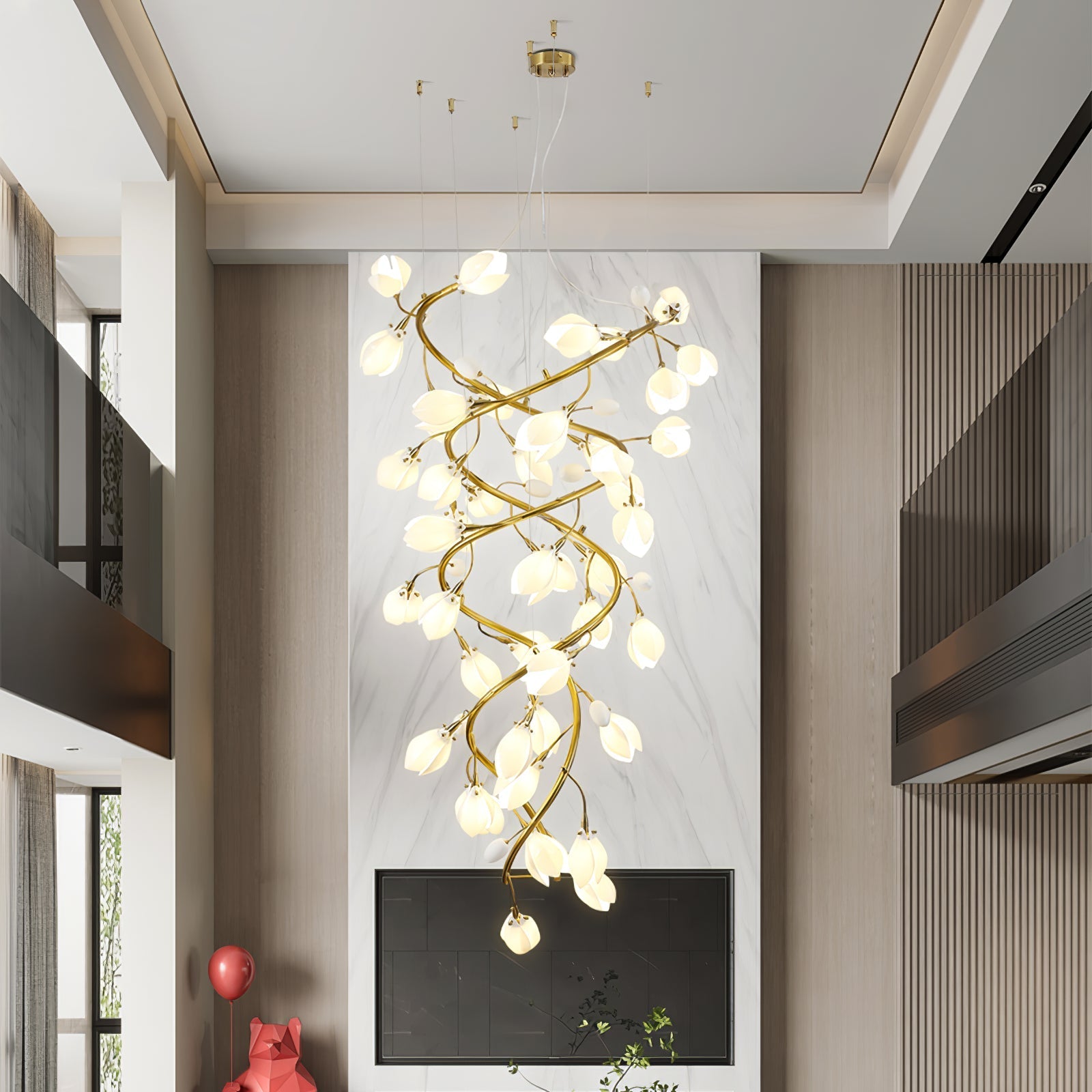 lysandra-cascade-stairs-chandelier-anzaz-Gold Lampbody & White Leaves-3