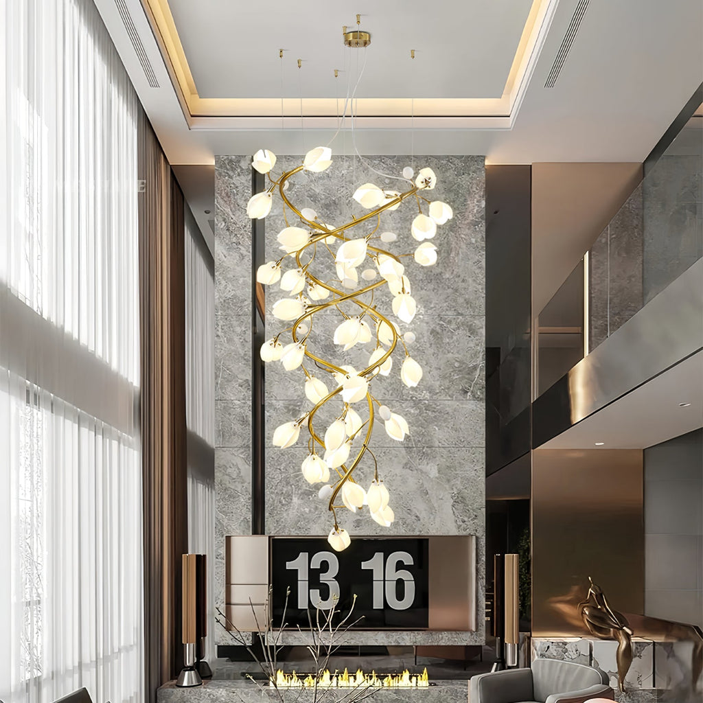lysandra-cascade-stairs-chandelier-anzaz-Gold Lampbody & White Leaves-4