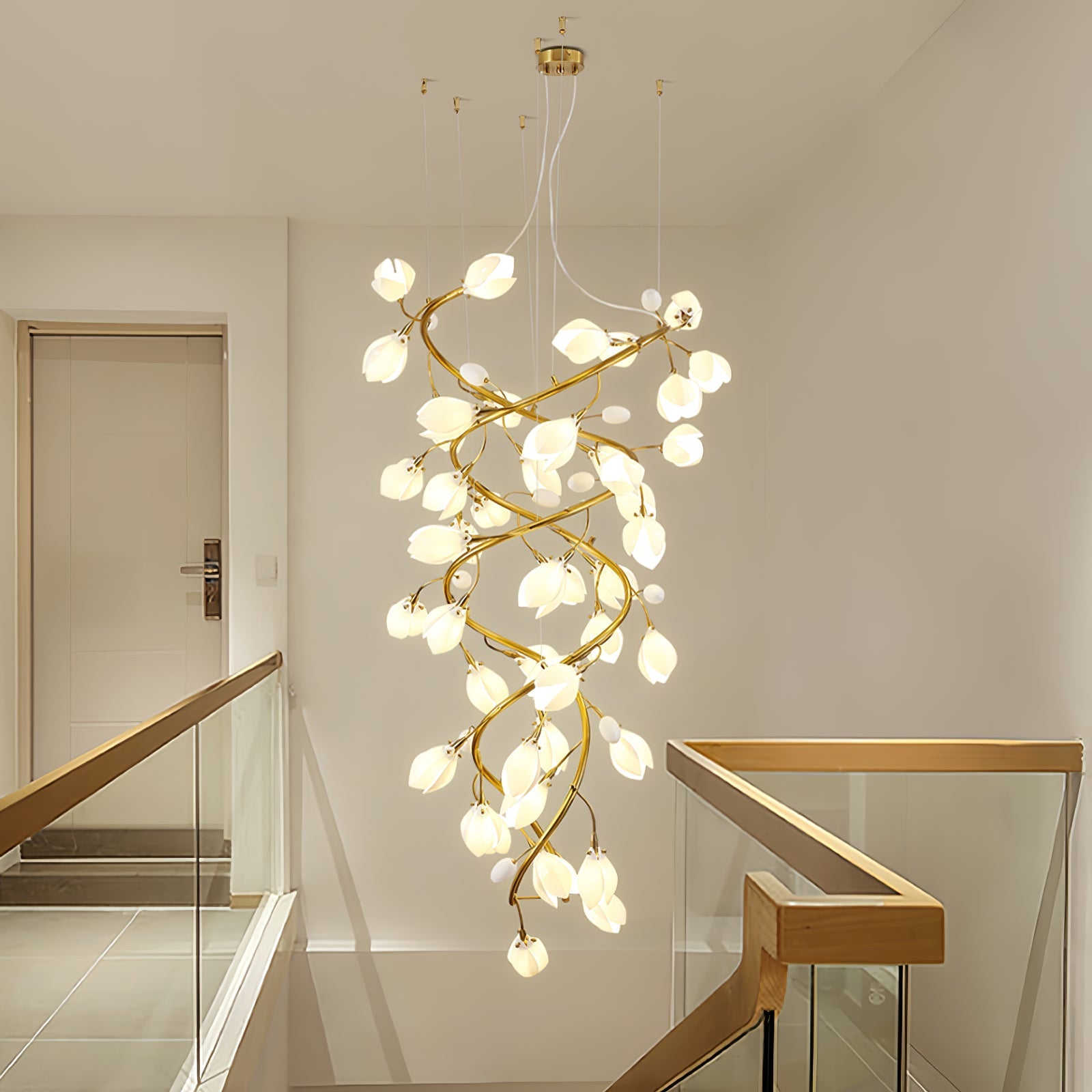 lysandra-cascade-stairs-chandelier-anzaz-Gold Lampbody & White Leaves-2