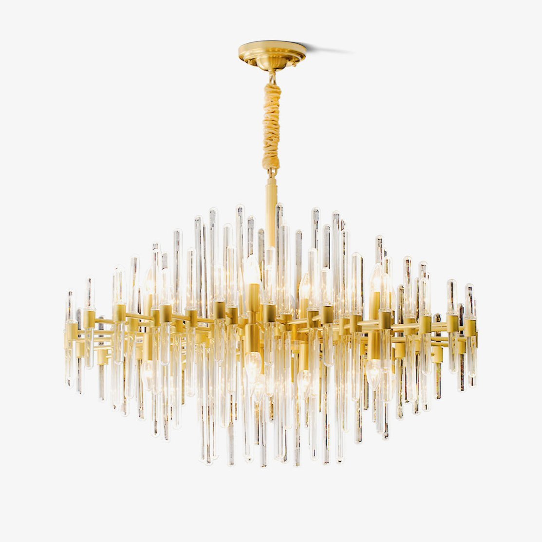 brass-chandelier-with-clear-glass-rods-shade-anzaz-Brass & Clear Crystal-1