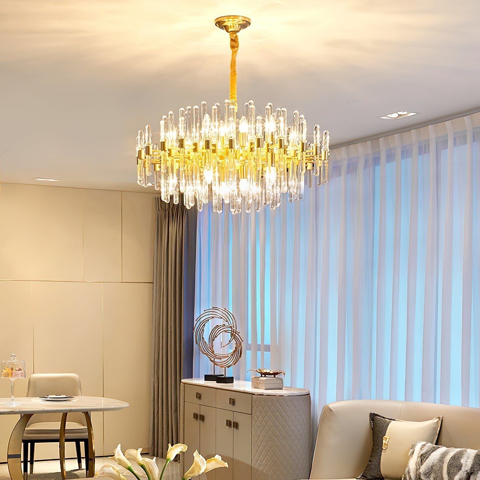 brass-chandelier-with-clear-glass-rods-shade-anzaz-Brass & Clear Crystal-2