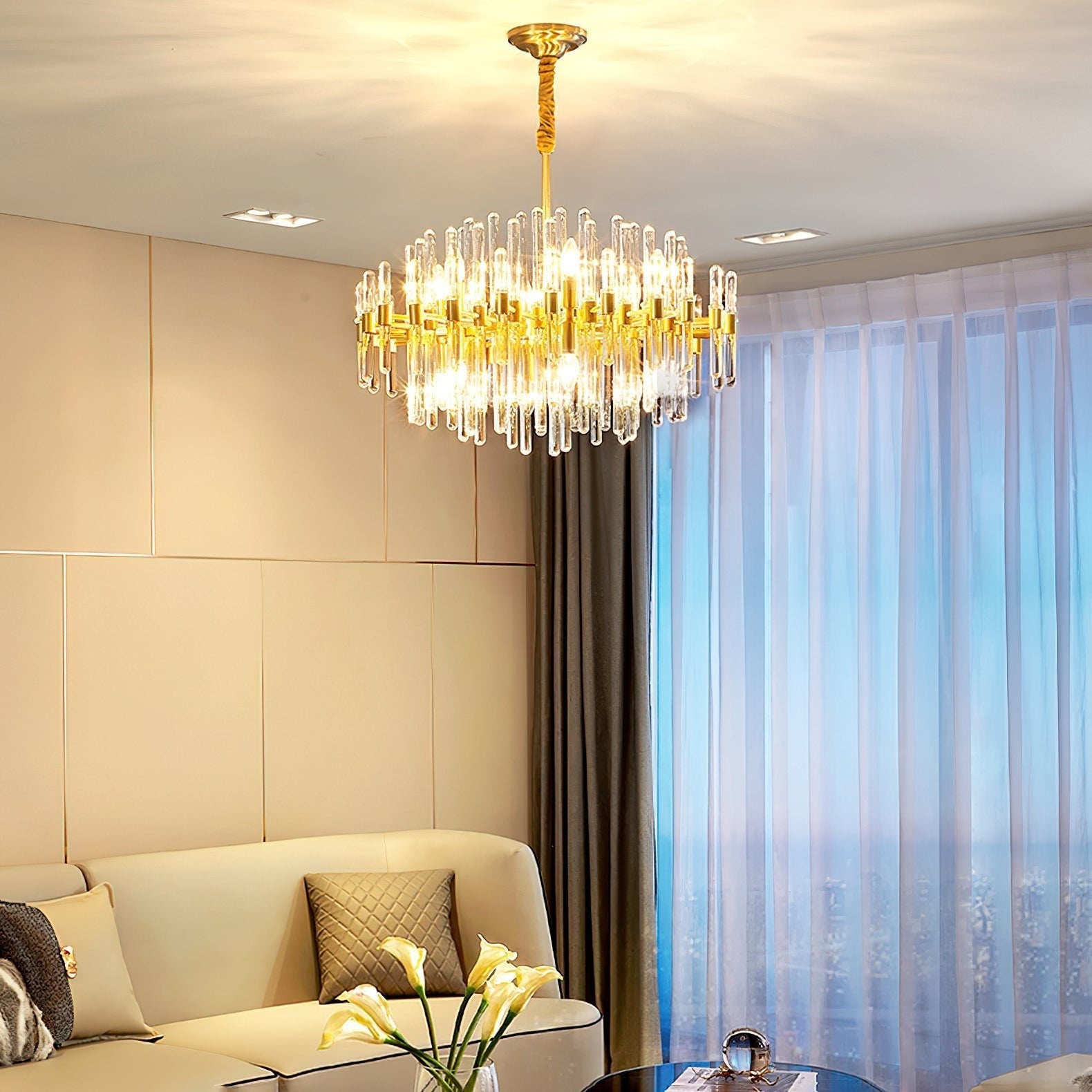 brass-chandelier-with-clear-glass-rods-shade-anzaz-Brass & Clear Crystal-3