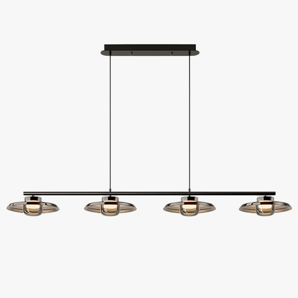 Corp de iluminat Ruben Long cu 4 lămpi, tip rând, cu șipci. Culoare: gri fumuriu.